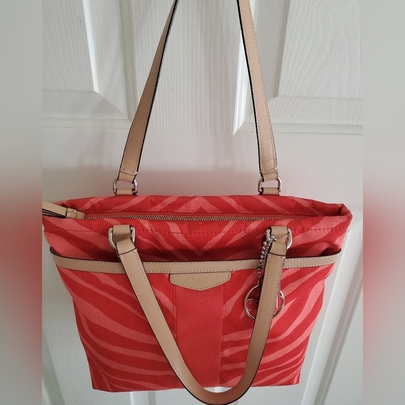 Coach Womens F23283 Orange Tan Canvas Zebra Print Leather Trim Tote Handbag - Picture 11 of 16
